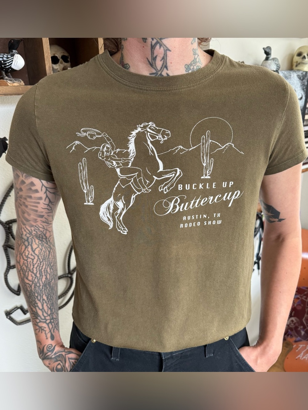 Austin Texas Cropped Olive Green Cowgirl Graphic Tee ~ Size Small